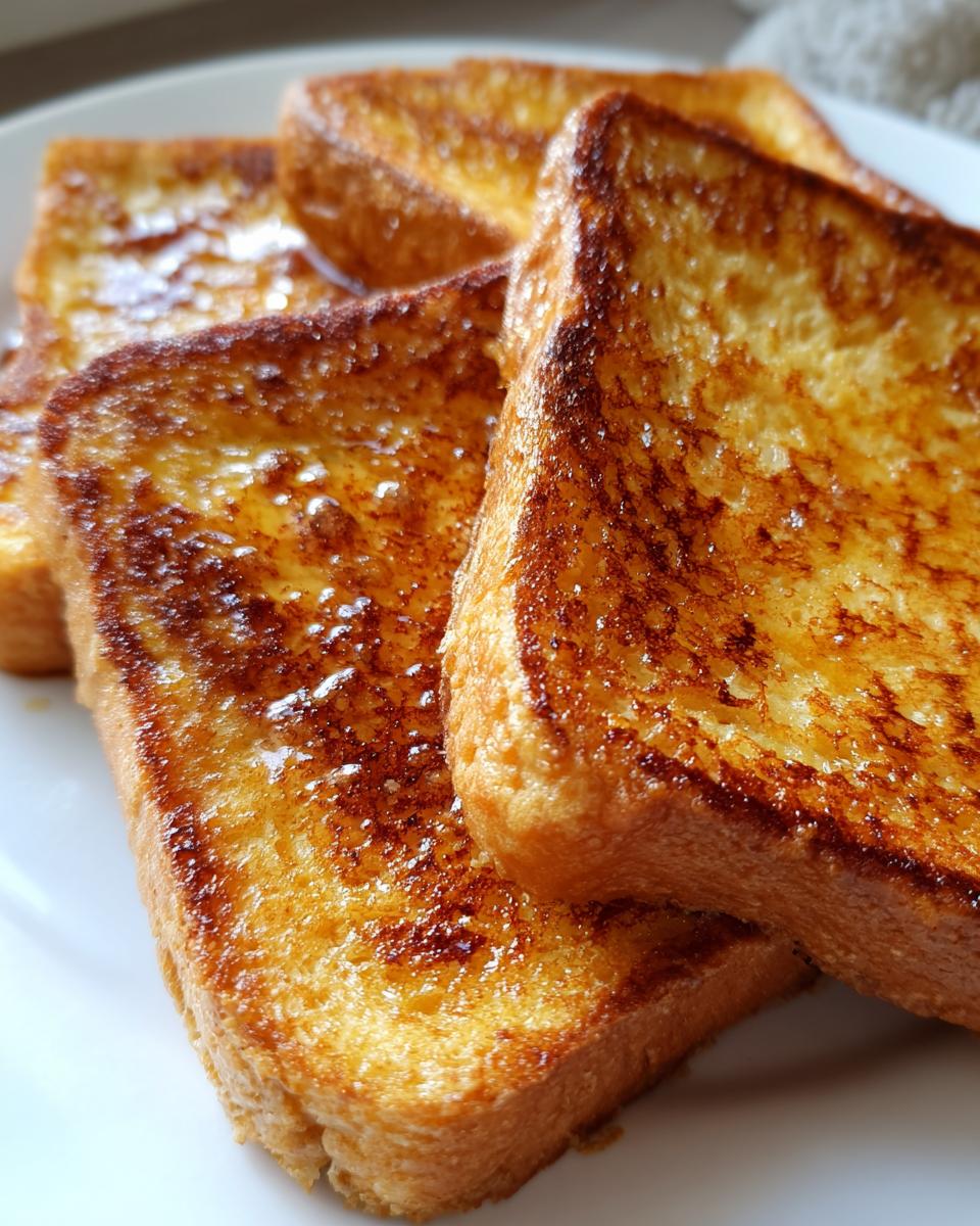 Close-up of golden brown Simple French Toast slices stacked on a white plate, glistening with syrup.