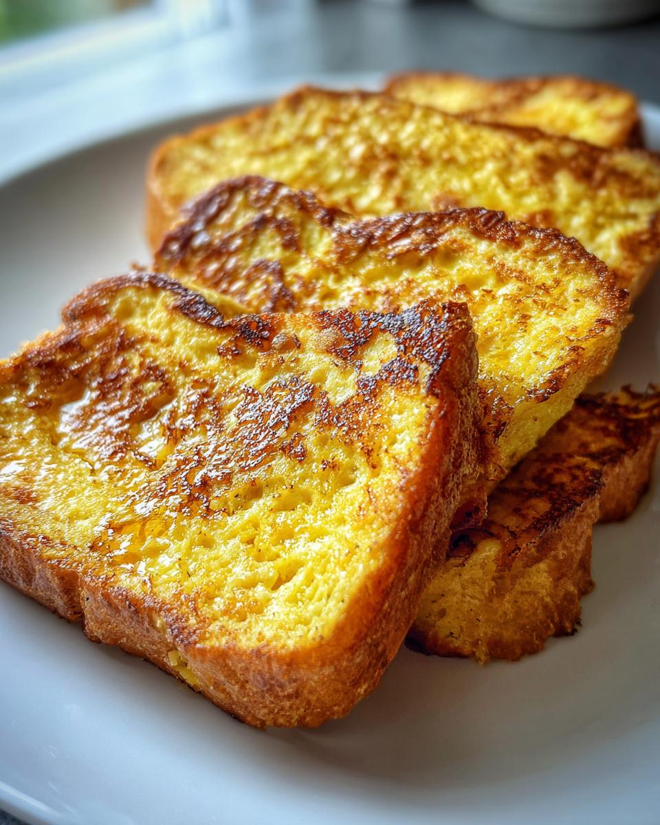Close-up of golden brown Simple French Toast slices stacked on a white plate, ready to eat.