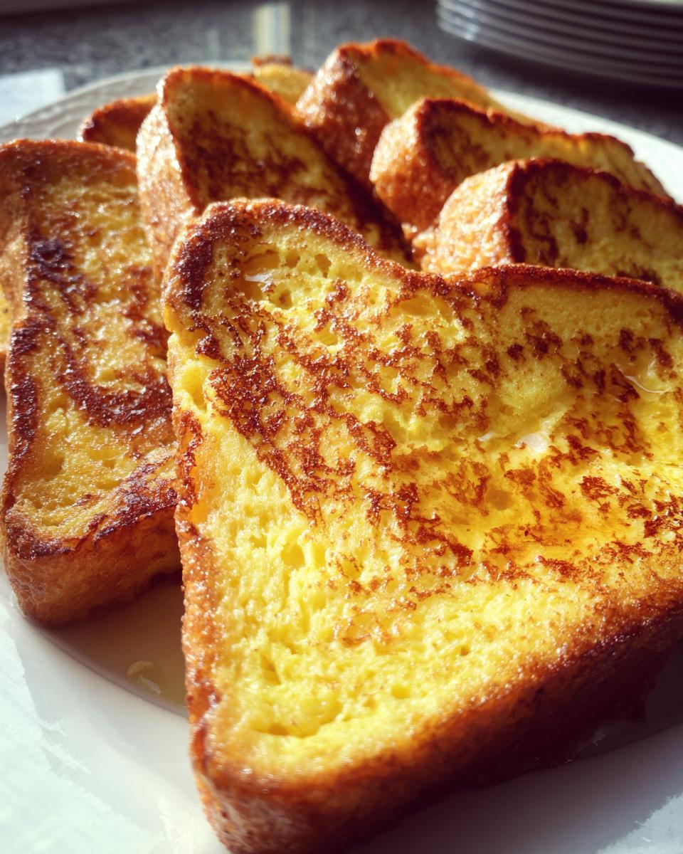 Close-up of golden brown Simple French Toast slices stacked on a white plate, ready to eat.