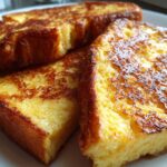 Close-up of a stack of golden brown Simple French Toast, showcasing its crispy edges and soft interior.