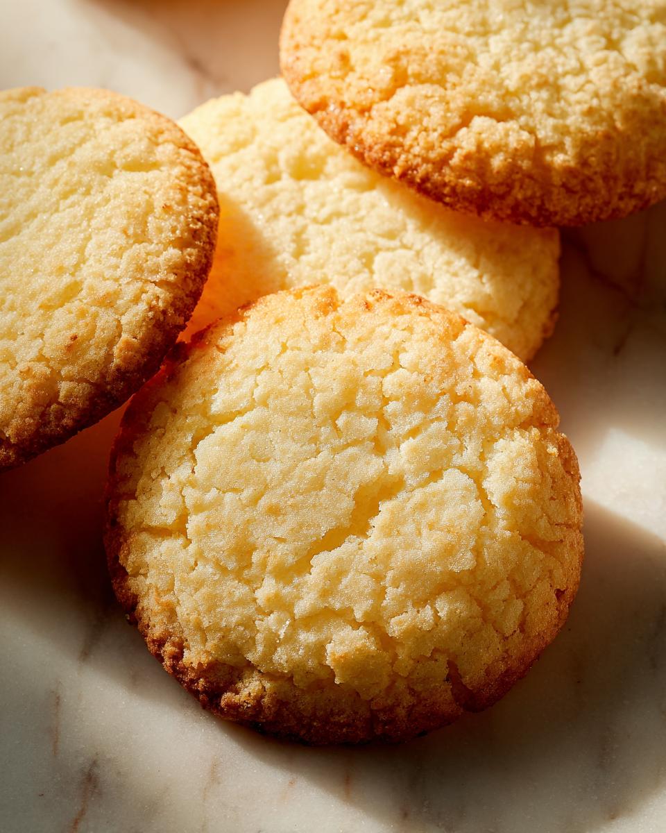 A close-up shot of several golden Simple Sugar Cookies on a marble surface, showcasing their texture.