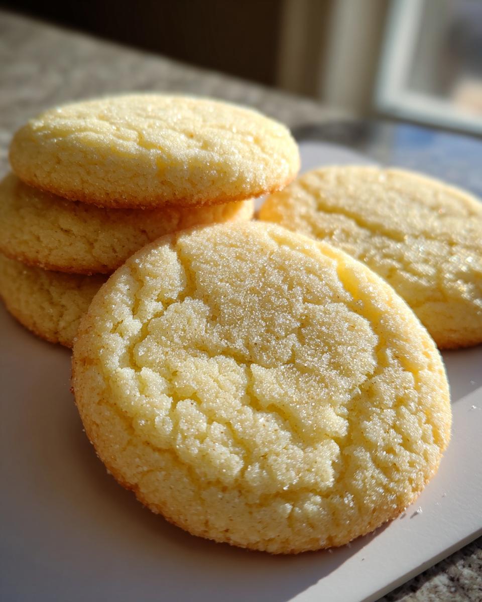 A stack of golden Simple Sugar Cookies, glistening with sugar granules, on a white surface.