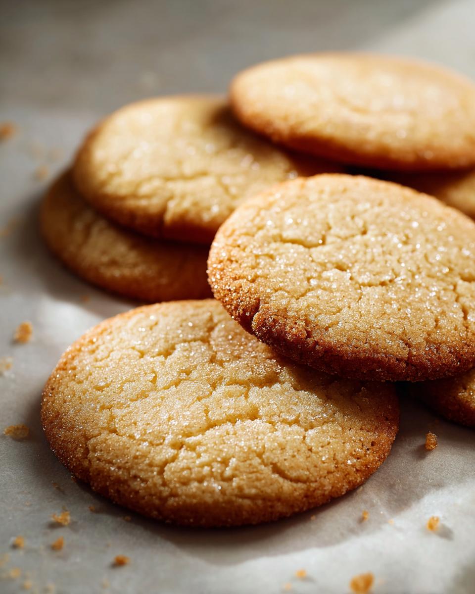 A stack of golden brown Simple Sugar Cookies, sprinkled with sugar, on parchment paper.