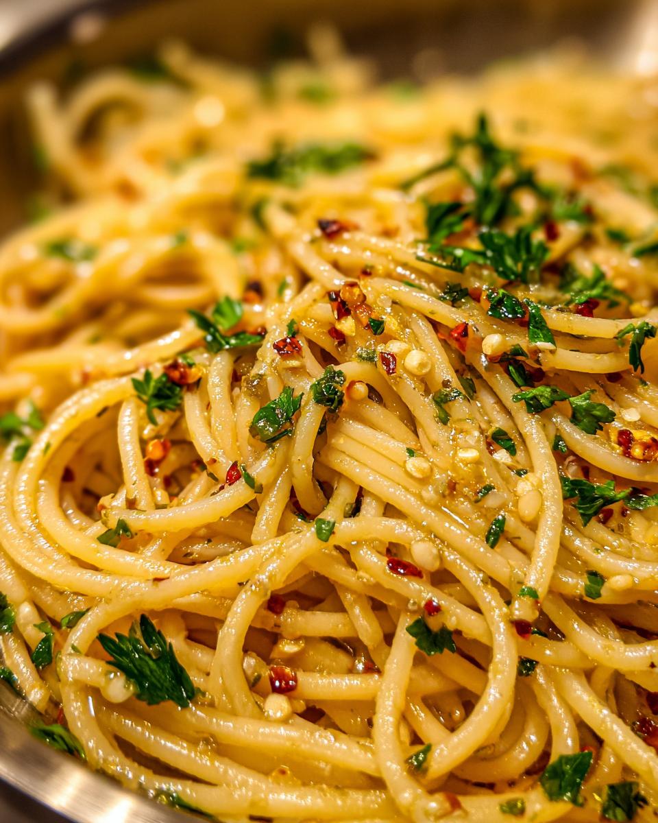 Close-up of Spaghetti Aglio e Olio with garlic, olive oil, red pepper flakes, and parsley.