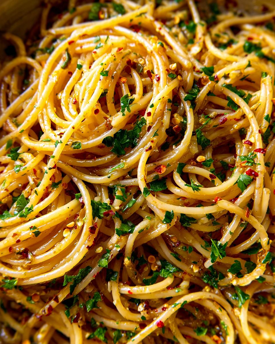 Detailed close-up of Spaghetti Aglio e Olio, showcasing the pasta, garlic, oil, red pepper flakes, and parsley.