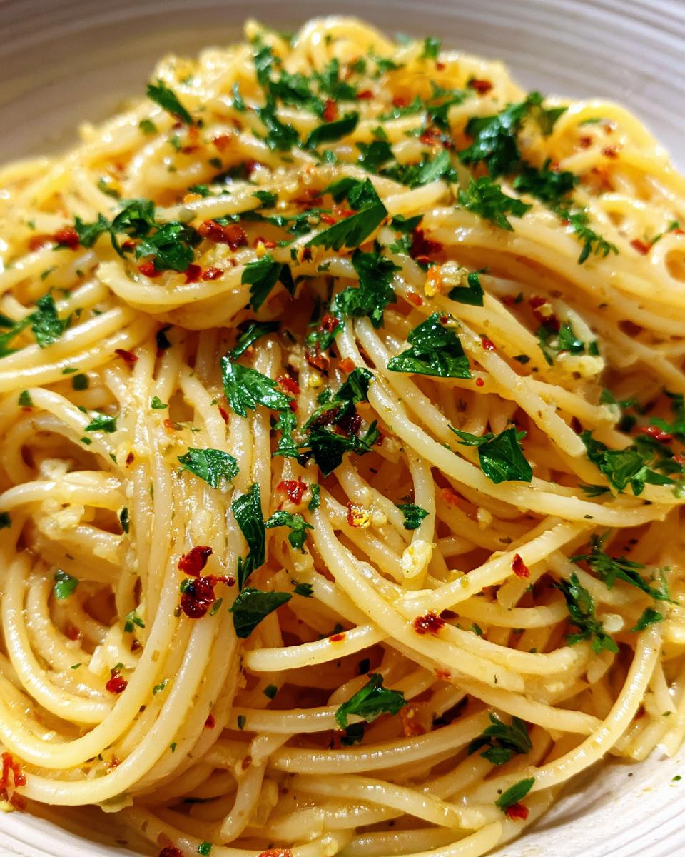 Close-up of Spaghetti Aglio e Olio, garnished with fresh parsley and red pepper flakes.