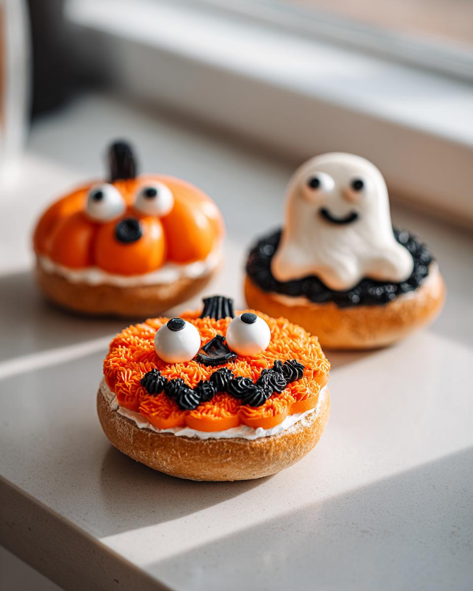 Three Spooky Halloween Bagel Ideas: pumpkin, ghost, and another pumpkin design with candy eyes.