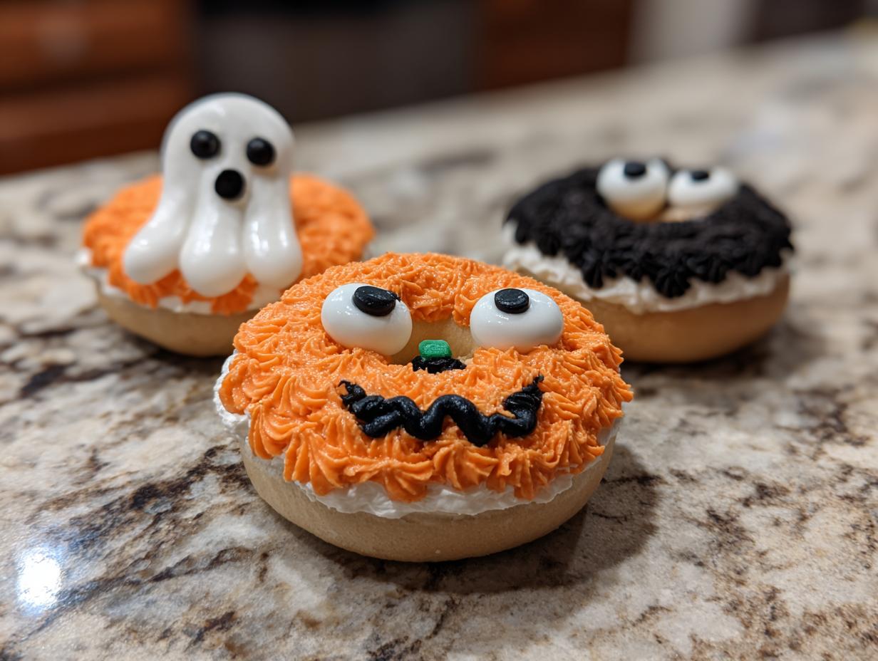 Three spooky Halloween bagel ideas: a ghost, a pumpkin, and a monster, all decorated with frosting and candy eyes.