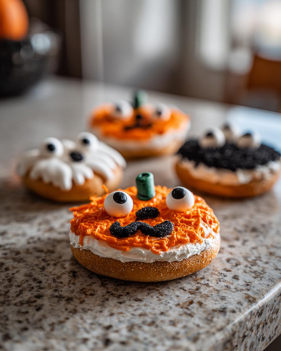 A pumpkin-themed spooky Halloween bagel idea with orange frosting, candy eyes, and a black sprinkle mustache.