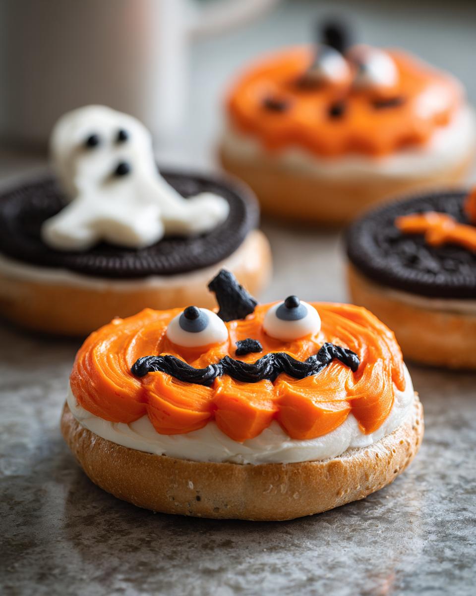 A pumpkin-themed spooky Halloween bagel idea with orange frosting, candy eyes, and black sprinkles on a white surface.