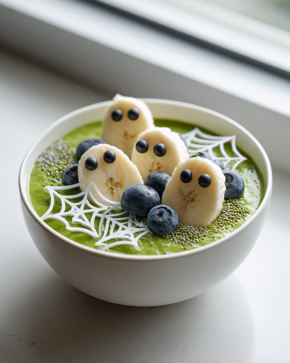 A Spooky Halloween Smoothie Bowl decorated with banana ghosts, blueberries, and spiderweb accents.