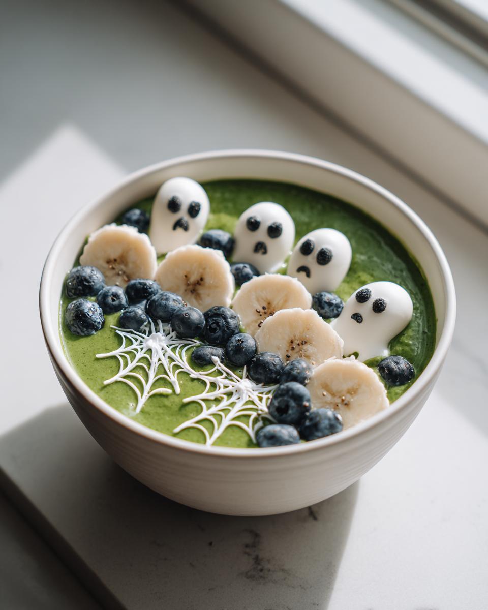 A Spooky Halloween Smoothie Bowl with green smoothie, blueberries, bananas, ghost-shaped toppings, and a spiderweb design.