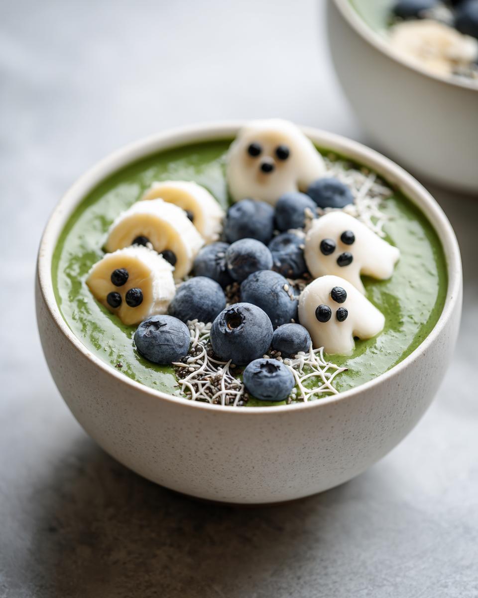 Close-up of a Spooky Halloween Smoothie Bowl with banana ghosts, blueberries, and a green smoothie base.