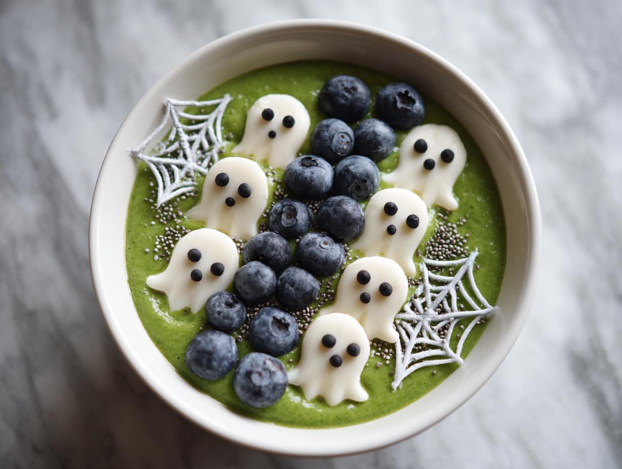 Overhead shot of a Spooky Halloween Smoothie Bowl with green smoothie, blueberries, ghost-shaped toppings, and spiderweb decorations.