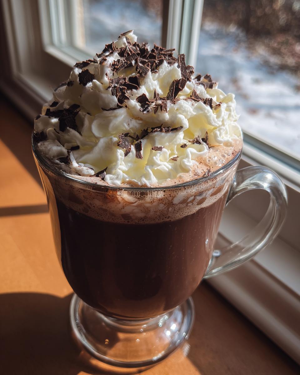 A glass mug of Hot Chocolate Starbucks Style, topped with whipped cream and chocolate shavings.