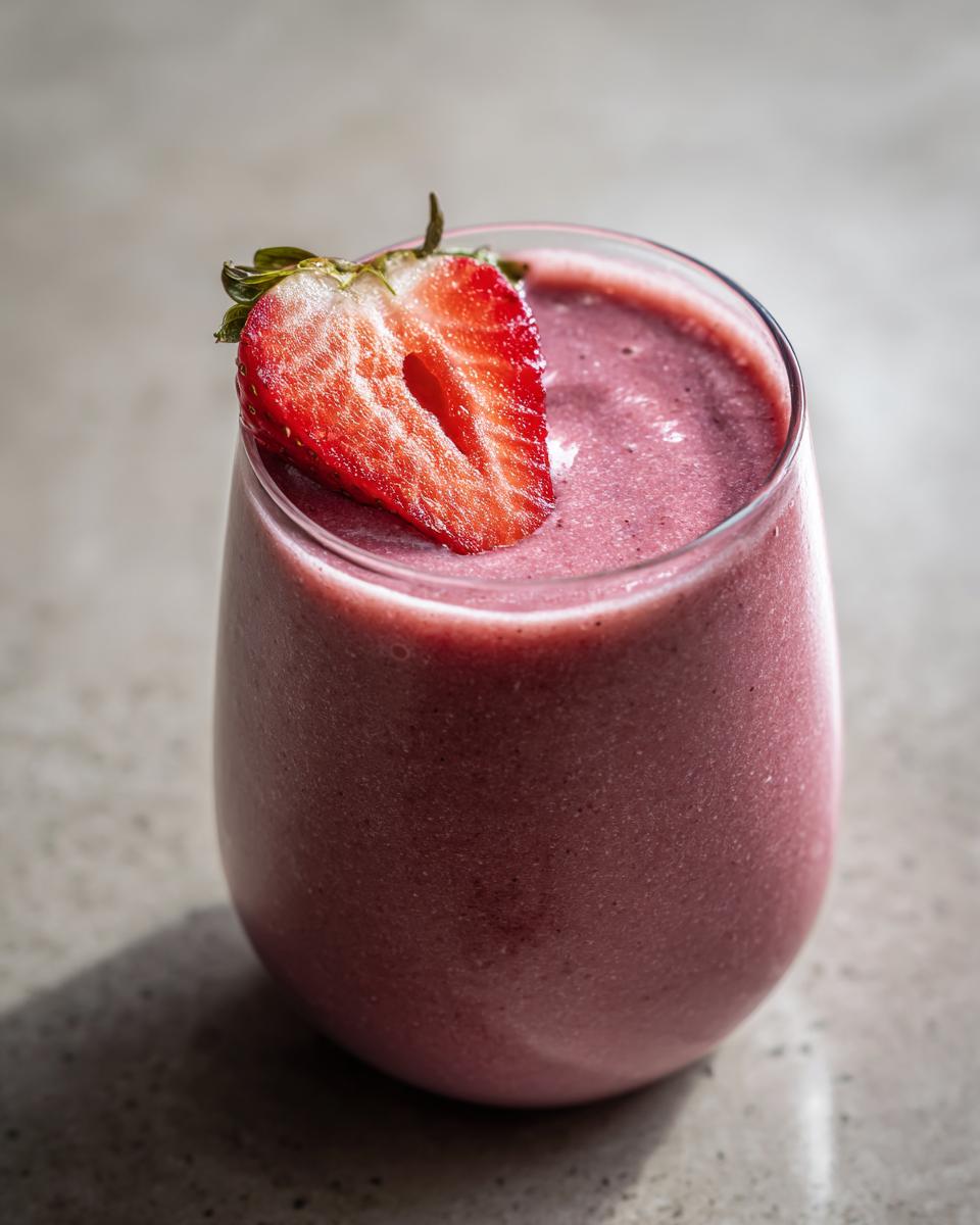 A glass of Strawberry Açaí Refresher topped with a fresh strawberry slice.