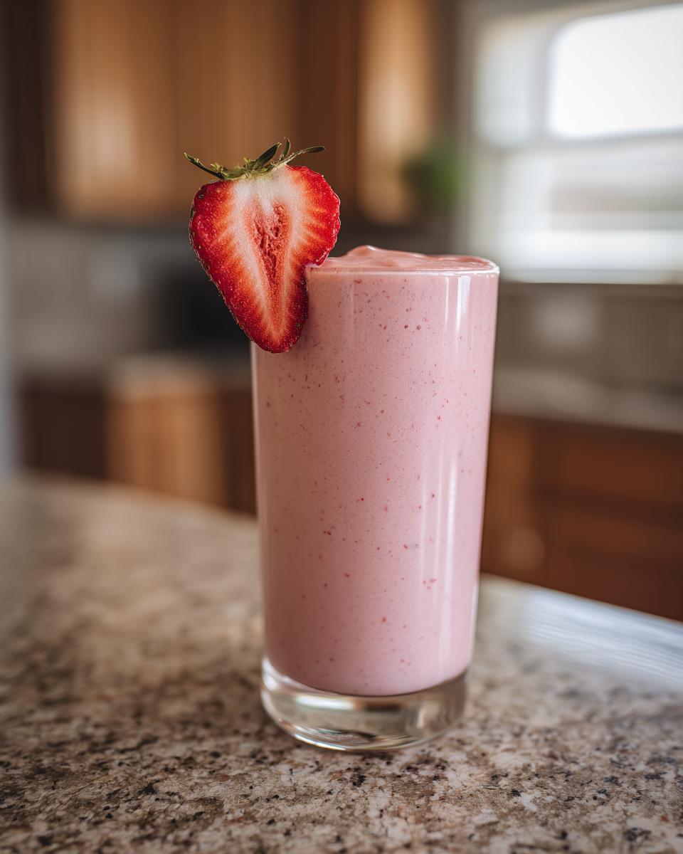A glass of Strawberry Açaí Refresher garnished with a fresh strawberry slice on the rim.