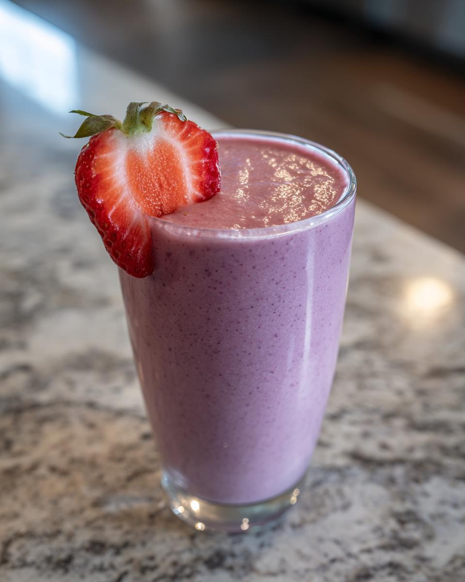 A glass of Strawberry Açaí Refresher garnished with a fresh strawberry slice.