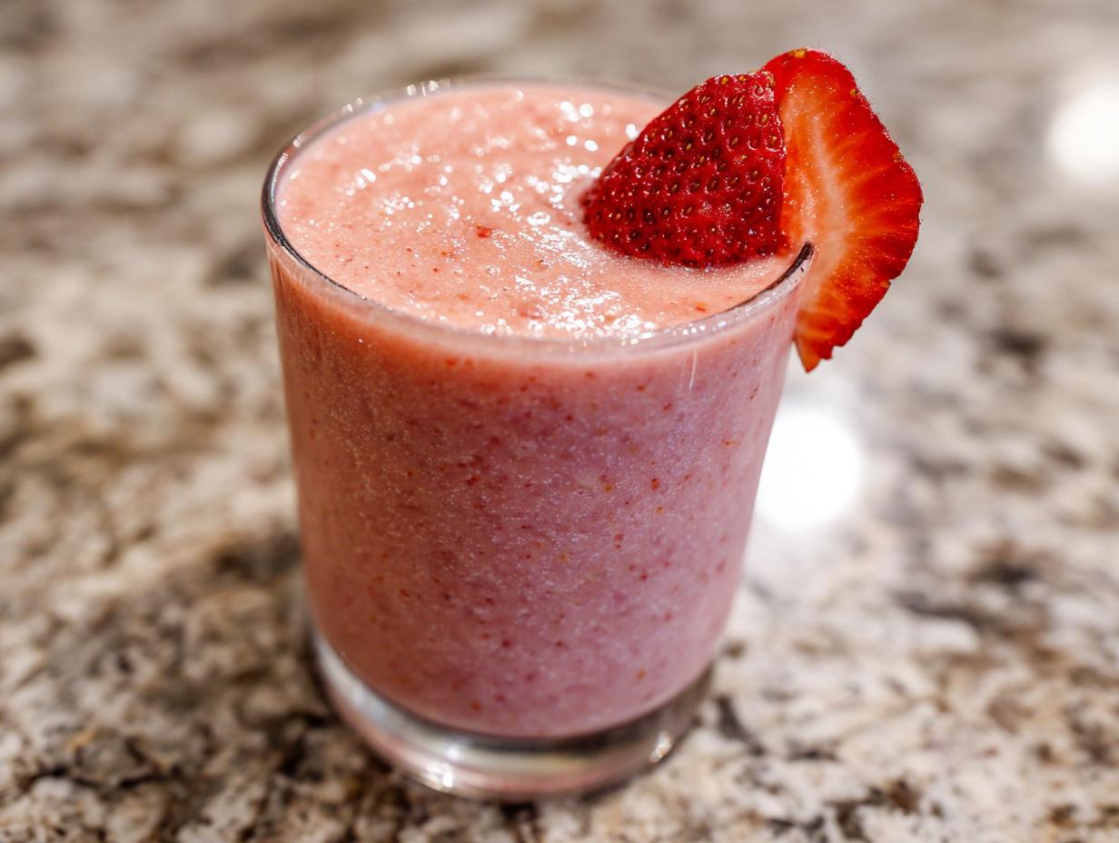 A glass of Strawberry Açaí Refresher garnished with a fresh strawberry slice.