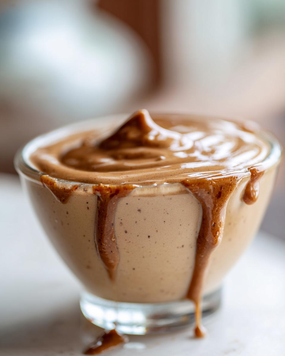 Close-up of Sweet Irish Cream Dessert Sauce in a glass bowl with drips down the side.
