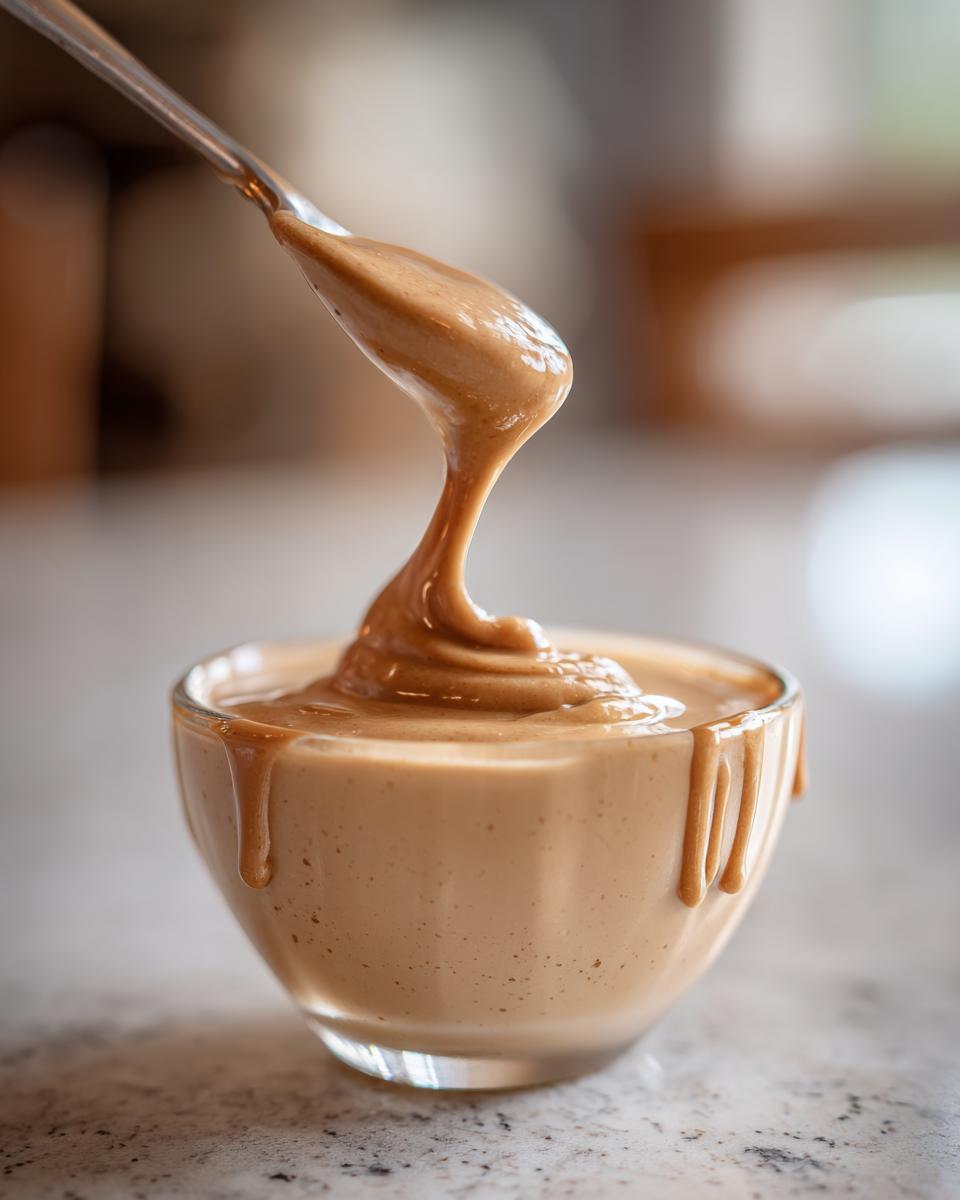 A spoonful of Sweet Irish Cream Dessert Sauce being drizzled into a glass bowl, showing its creamy texture.