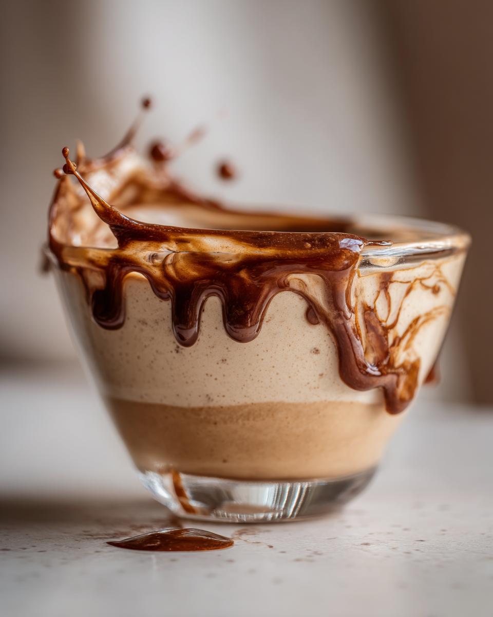 A glass cup filled with layered dessert and Sweet Irish Cream Dessert Sauce splashing over the rim.