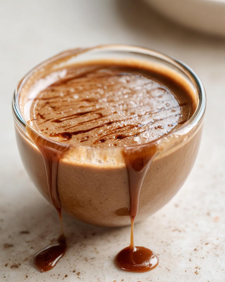 Close-up of Sweet Irish Cream Dessert Sauce in a glass bowl, drizzled with extra sauce.