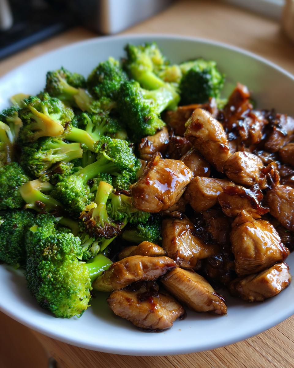 A bowl of Teriyaki Chicken and Broccoli, featuring glazed chicken pieces and vibrant green broccoli florets.