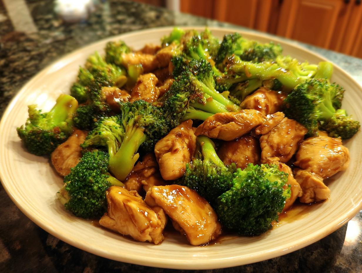 A plate of Teriyaki Chicken and Broccoli, featuring glazed chicken pieces and vibrant green broccoli florets.