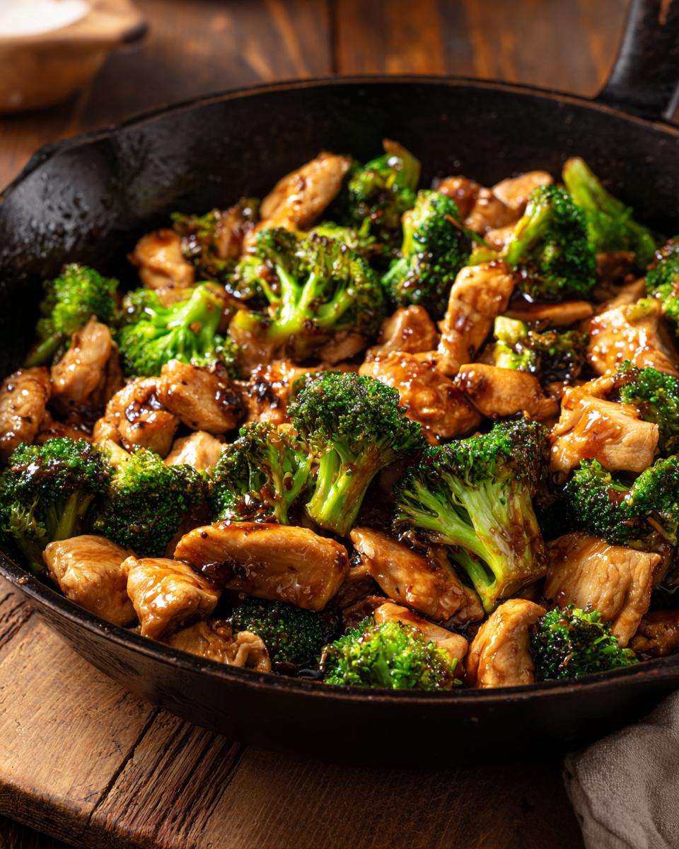 Close-up of Teriyaki Chicken and Broccoli in a cast iron skillet, showcasing the glazed chicken and vibrant green broccoli.