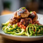 A plate of Turkey Meatballs with Zoodles, topped with tomato sauce and garnished with herbs.