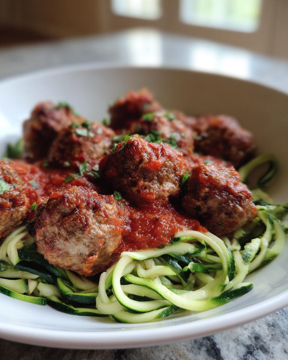 A bowl of Turkey Meatballs with Zoodles, topped with tomato sauce and fresh herbs.