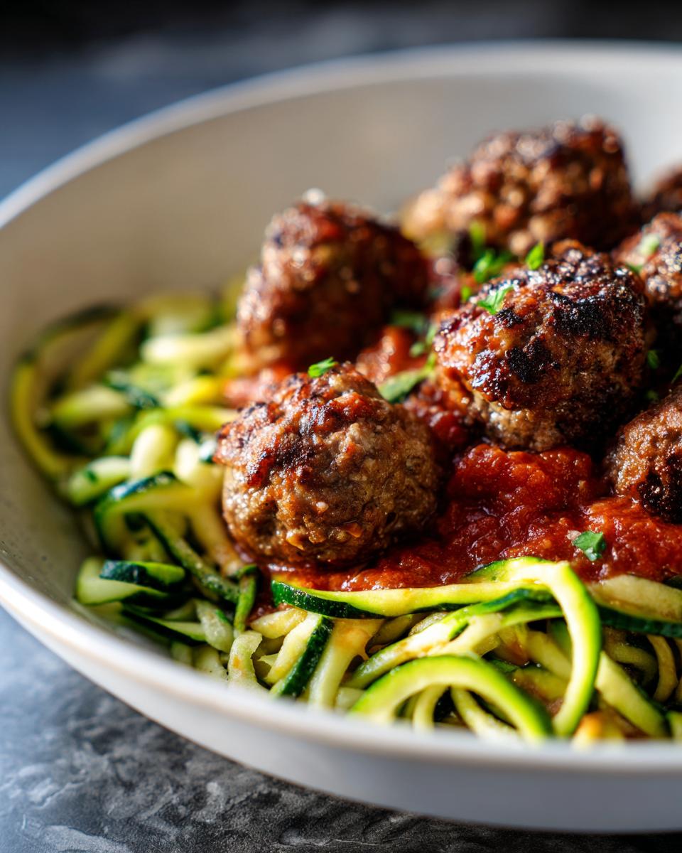 Close-up of Turkey Meatballs with Zoodles, tomato sauce, and parsley in a white bowl.