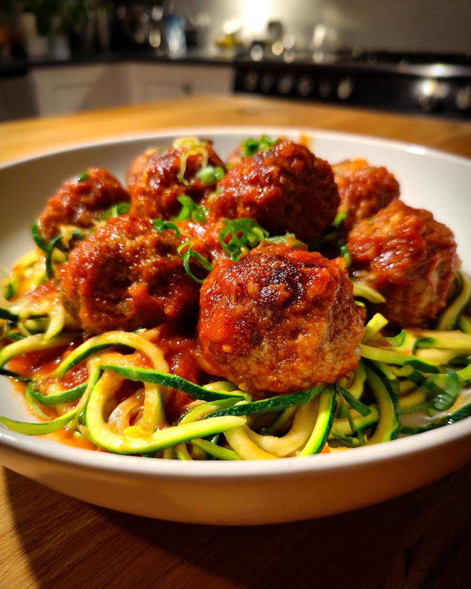 A bowl of Turkey Meatballs with Zoodles, topped with sauce and green onions.