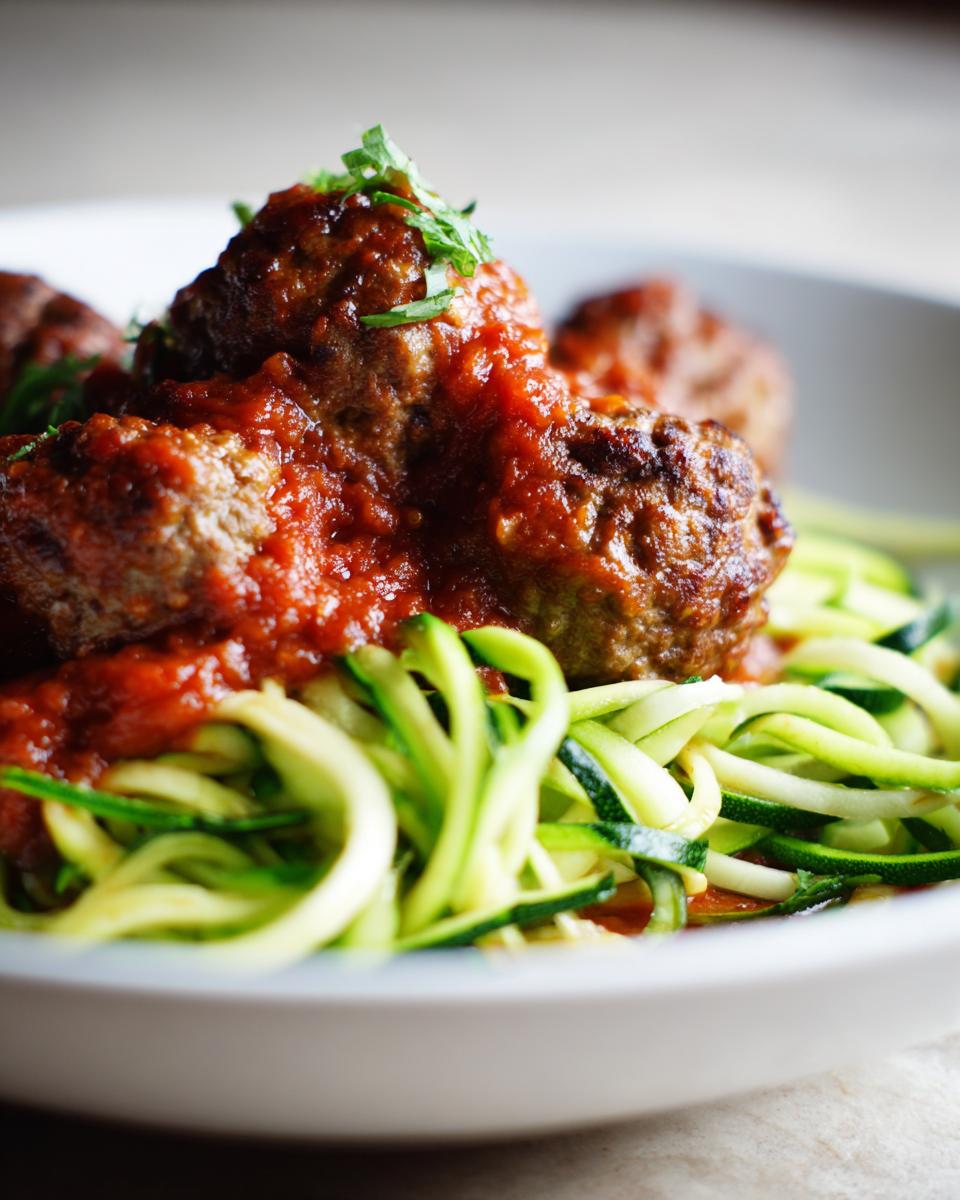 Close-up of Turkey Meatballs with Zoodles, topped with tomato sauce and fresh herbs in a white bowl.