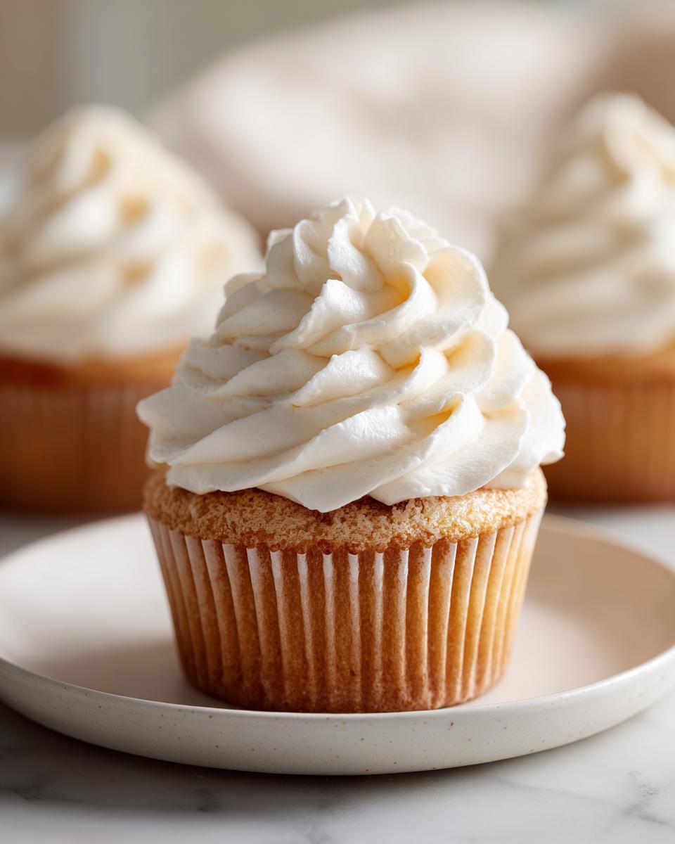 A vanilla cupcake with buttercream frosting on a plate, showcasing its creamy texture and delicious appearance.
