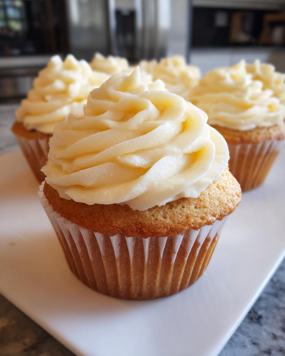 Close-up of several vanilla cupcakes with buttercream frosting on a white plate.