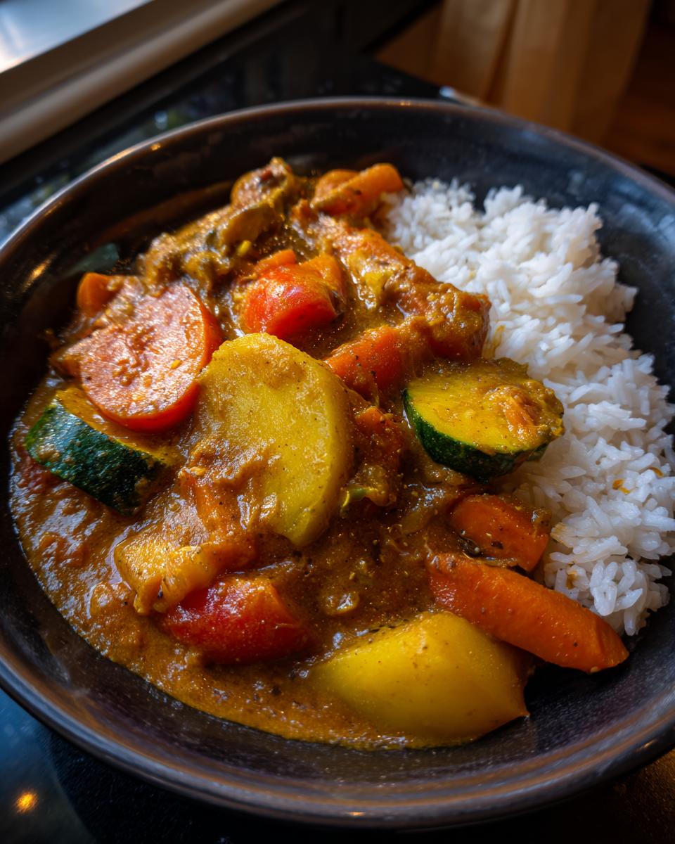 A vibrant Vegetable Curry Bowl with rice, featuring zucchini, potatoes, carrots, and a rich curry sauce.