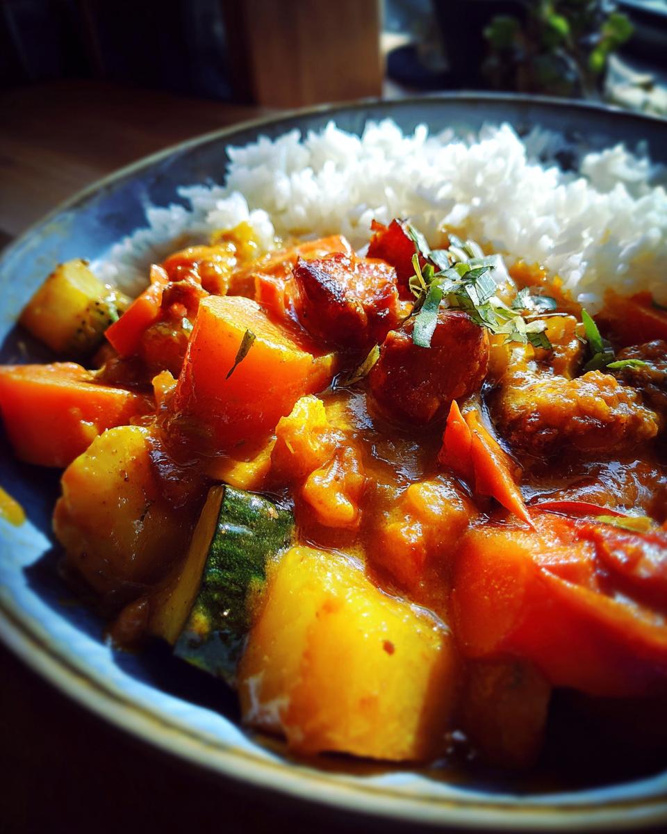 Close-up of a Vegetable Curry Bowl with rice, featuring colorful vegetables and fresh herbs.