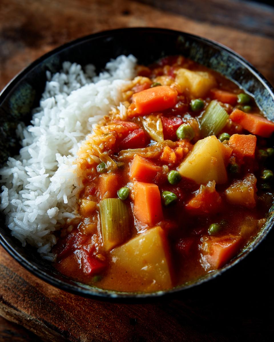 A vibrant Vegetable Curry Bowl with rice, featuring carrots, potatoes, peas, and celery in a rich curry sauce.