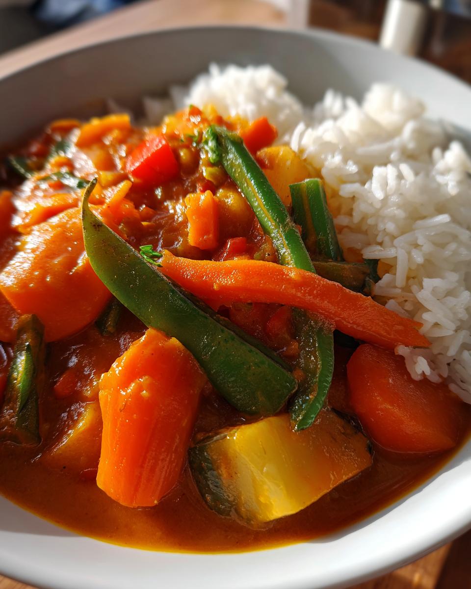 Close-up of a Vegetable Curry Bowl with carrots, green beans, and rice.