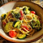 A bowl of Vegetable Primavera Pasta with zucchini, broccoli, and tomatoes, topped with parmesan.