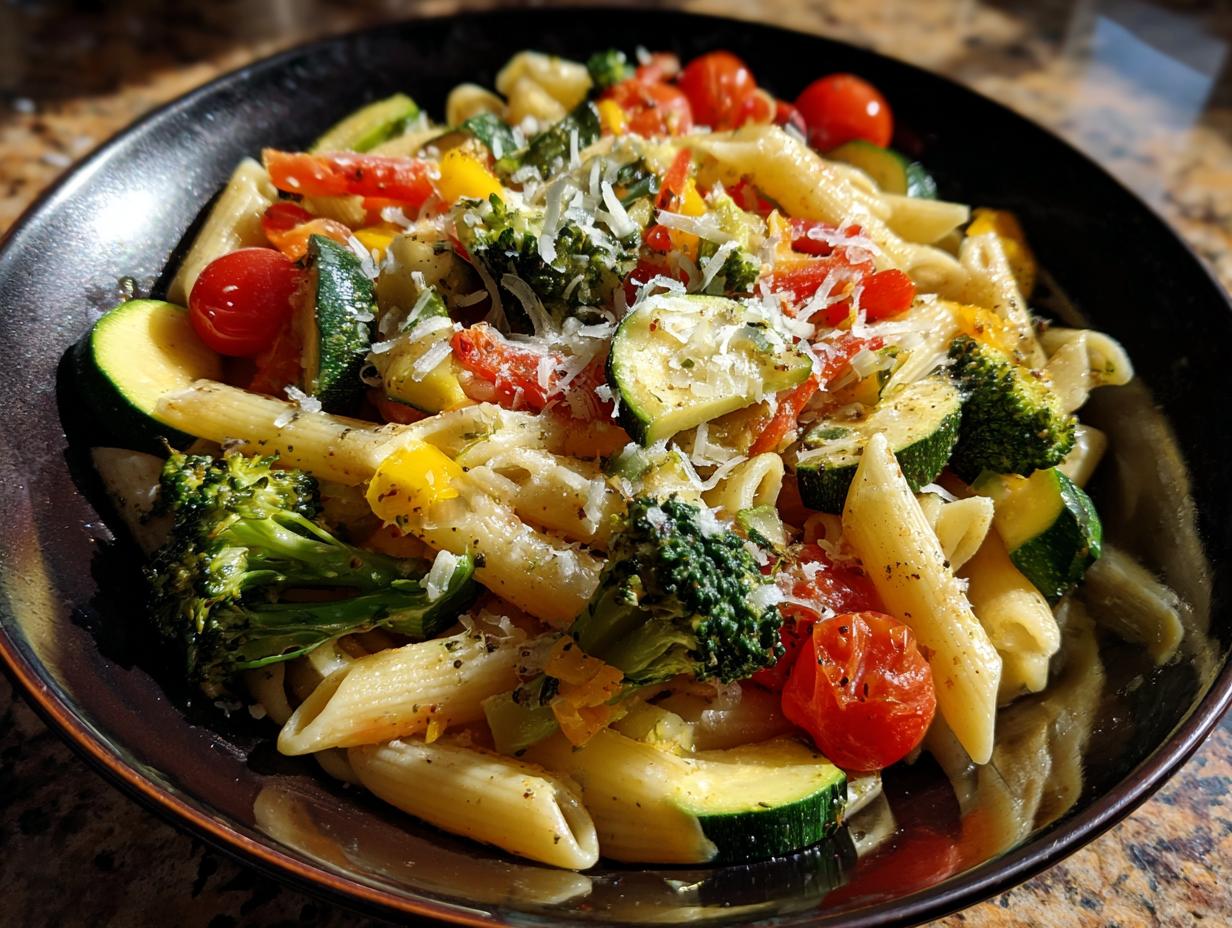 Close-up of a bowl of Vegetable Primavera Pasta with zucchini, broccoli, tomatoes, and parmesan.