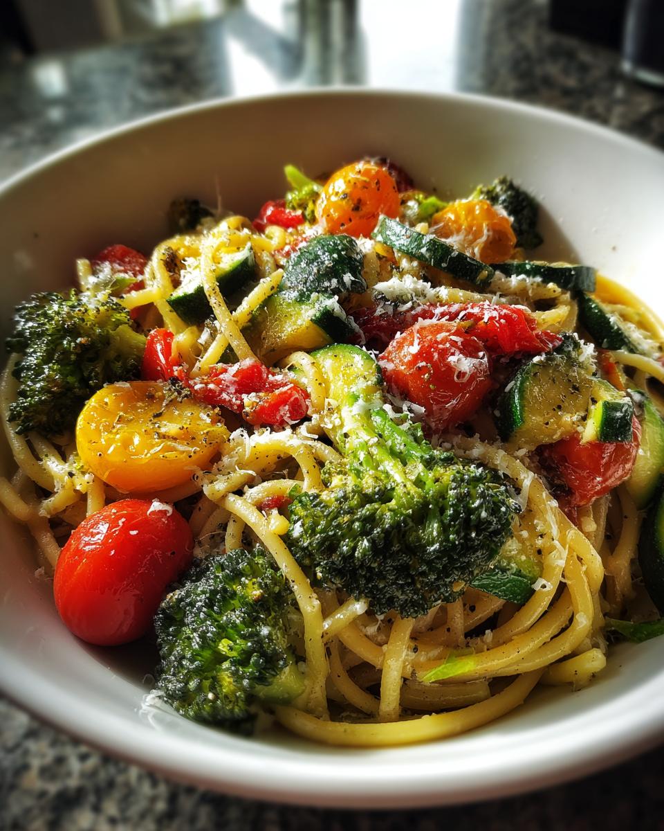 Close-up of Vegetable Primavera Pasta in a white bowl, featuring zucchini, broccoli, and colorful cherry tomatoes.