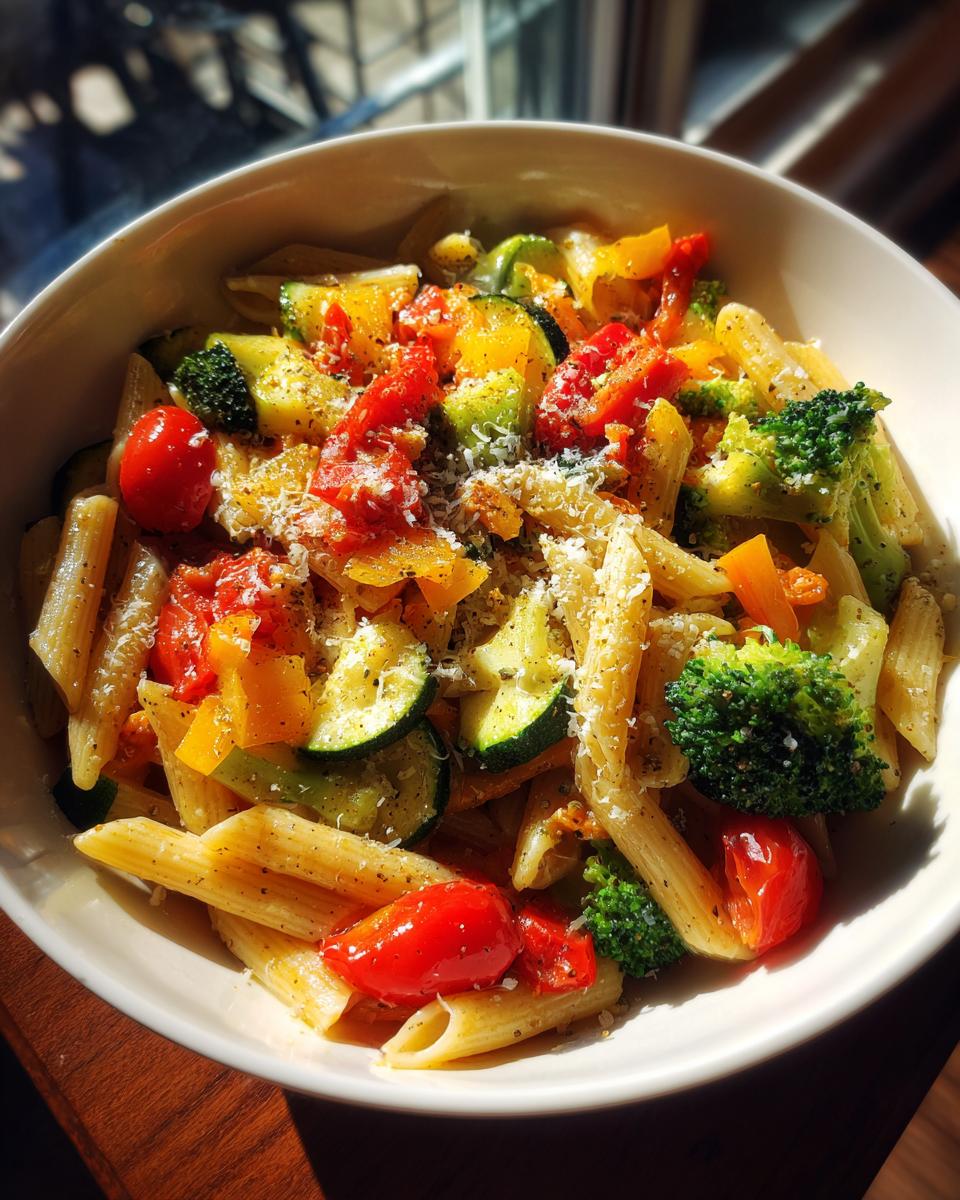A bowl of Vegetable Primavera Pasta with penne, broccoli, zucchini, tomatoes, and bell peppers.