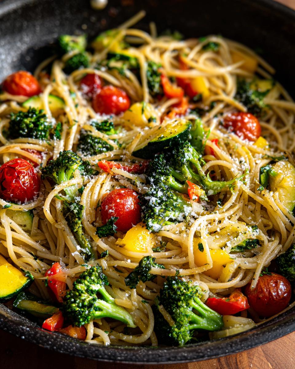 Overhead shot of Vegetable Primavera Pasta with broccoli, zucchini, tomatoes, and peppers in a pan.