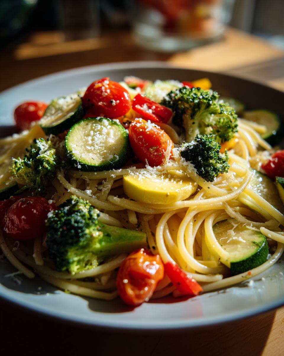 A vibrant plate of Vegetable Primavera Pasta with zucchini, broccoli, tomatoes, and a sprinkle of cheese.