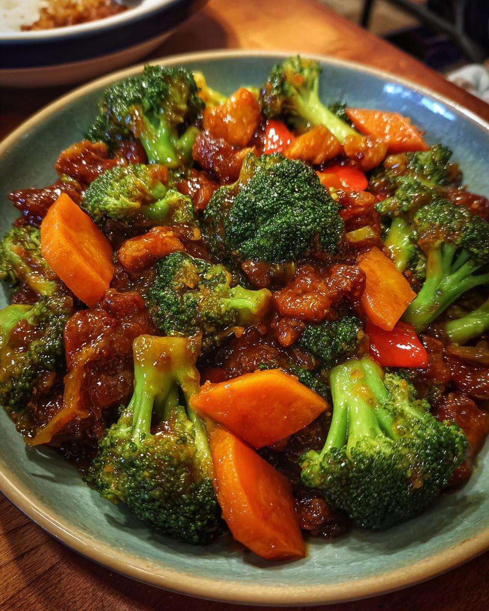 Close-up of a vibrant Vegetable Stir Fry featuring broccoli, carrots, and red peppers in a savory sauce.