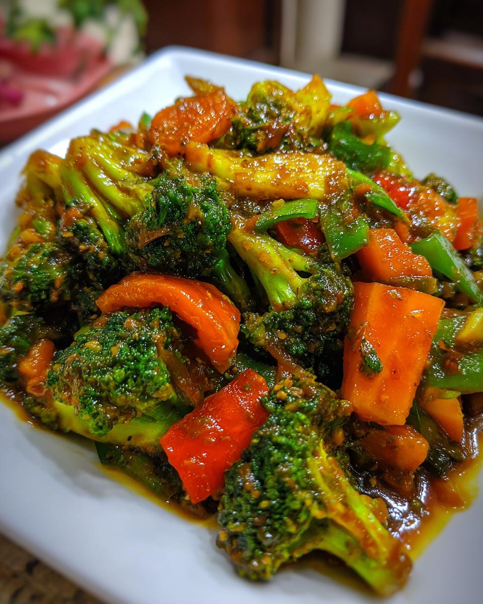 Close-up of a colorful Vegetable Stir Fry with broccoli, carrots, and peppers on a white plate.