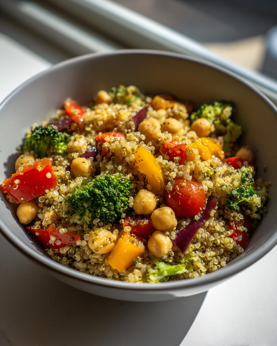 A vibrant Vegetarian Meal Prep Bowl with quinoa, chickpeas, broccoli, and colorful bell peppers.